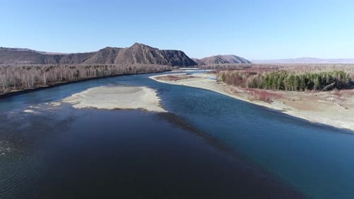 View from drone Beautiful landscape Siberian river