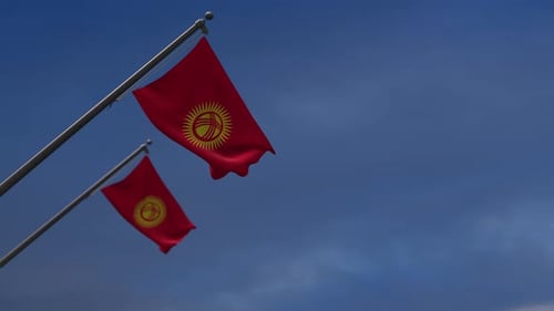 Realistic Kyrgyzstan Flag Waving in Wind Against Blue Sky