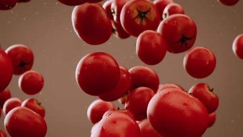 Realistic Fresh Red Tomatoes Floating with Water Drops