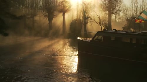 Vintage Passenger Motorboat on a Canal in the Woods at Dawn in Tigre, Argentina. 4K Version.