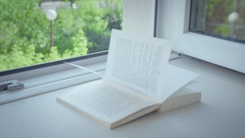 Open Book on Windowsill With Greenery