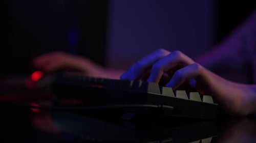 Gamer Play Computer Game Use Rgb Neon Colored Keyboard