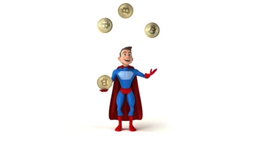 Fun 3D cartoon superhero juggling with bitcoins