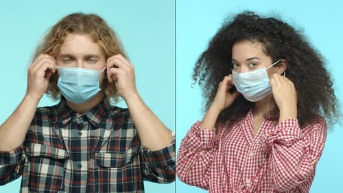 Multiscreen of Young Blond Man and Curlyhaired Woman Takeoff Medical Masks During Covid19 Pandemic