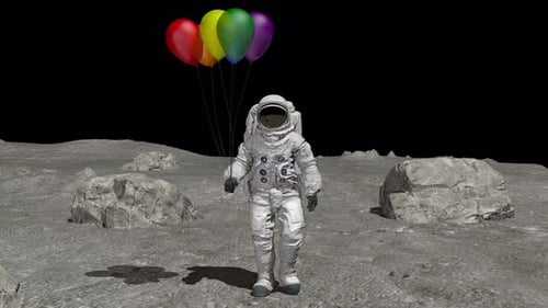 Astronaut Walking on the Moon with Colorful Balloons