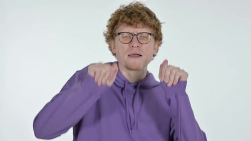 Happy Redhead Young Man Dancing, White Background