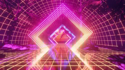 Retro Neon Grid Tunnel with Palm Trees Looping Background