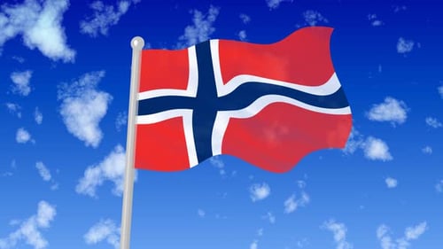 Waving Flag of Norway Against Blue Sky