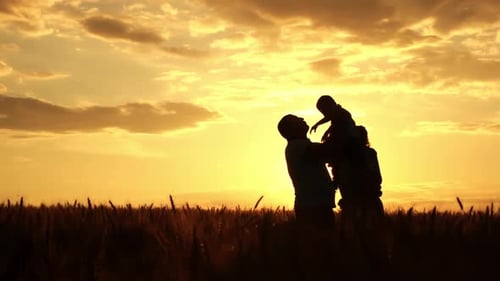 Silhouettes of Family in Wheat Field at Sunset in Slow Motion
