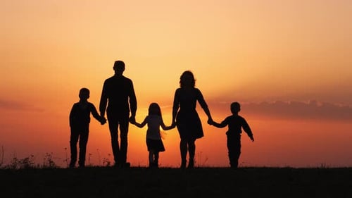 Silhouettes of Happy Family Walking Together in the Meadow During Sunset