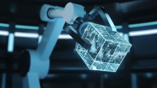 Futuristic Robotic Arm Manipulating Digital Data Cube