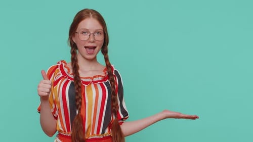 Girl Pointing Empty Place Advertising Area for Commercial Text Copy Space for Goods Promotion