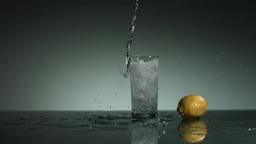 Water Being Poured into Glass with Lemon and Ice
