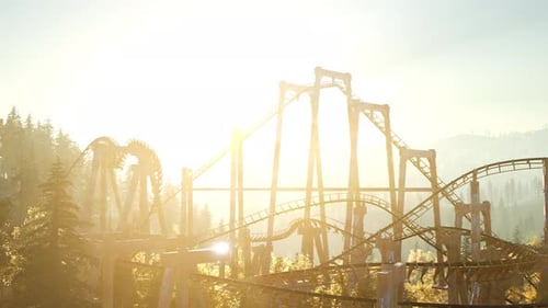 Abandoned Roller Coaster in Golden Hour Forest