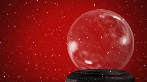 Christmas Snow Globe with Falling Snowflakes on Red Background