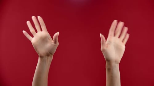 Closeup Young Female Waving Hand Posing Isolated at Red Studio Background