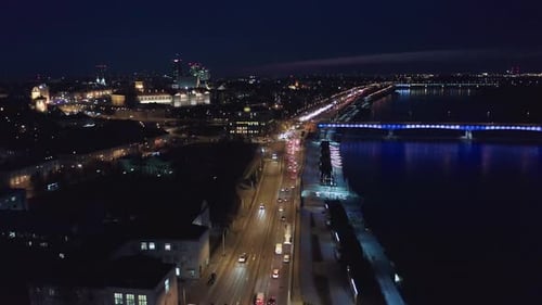Aerial View of the Old City Night Warsaw with the Square and the Royal Palace in the Night Lighting