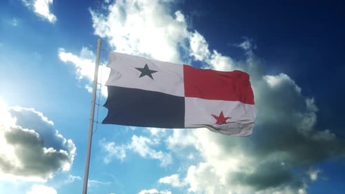 Panama Flag Waving in Blue Sky with Clouds