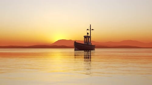 Fischerboot in den ruhigen Gewässern des Meeres bei nebligem, nebligem, klimatischem Sonnenuntergang.