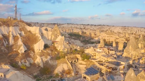 Old city Goreme of stone pillars and caves. Fabulous landscapes of the mountains of Cappadocia