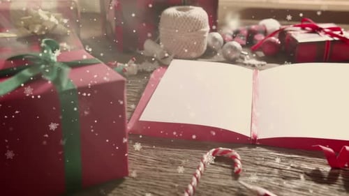 Top view of christmas greeting card on wooden table