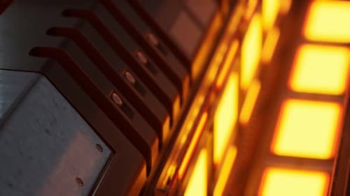 Luces amarillas y paneles metálicos en un interior futurista