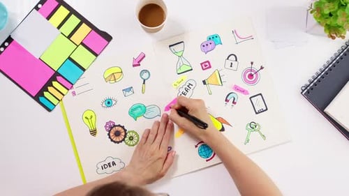 Marketing strategy planning concept. Hand with a marker draws in a notebook business concept.