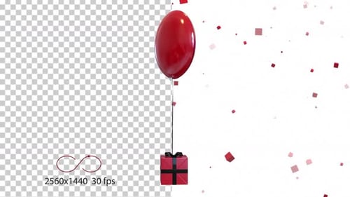 Animated Red Balloon and Gift Box with Falling Confetti