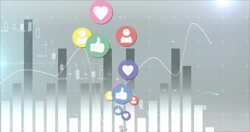 Animated Social Media Engagement Icons with Business Data Backdrop