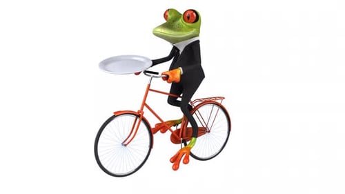 3D Animated Frog Butler Riding a Bicycle with a Tray