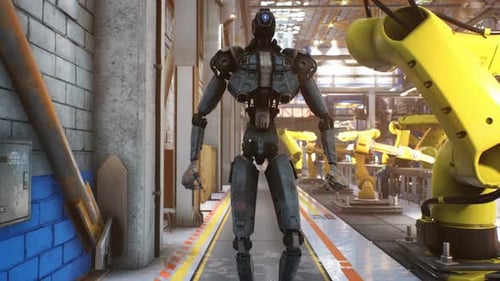 Futuristic Humanoid Robot Walking Through Automated Factory