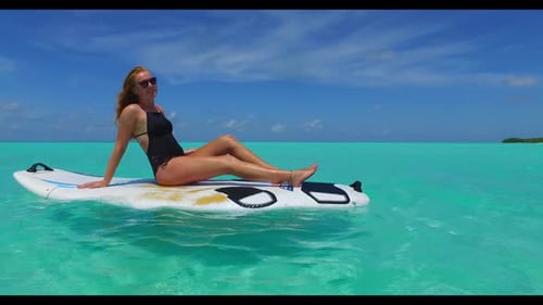 Tourists happy and smiling on luxury sea view beach journey by blue sea and white sand background of