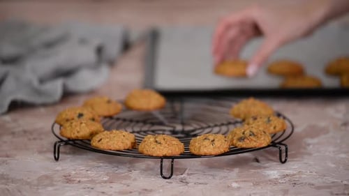 Freshly baked homemade carrot cookies with raisins, close-up.