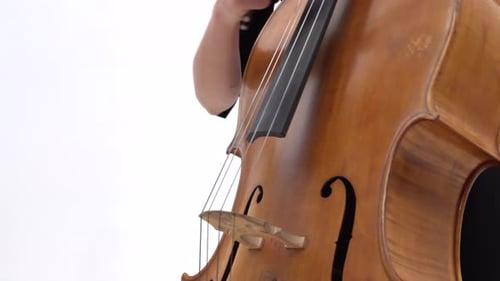 Girl Is Playing the Cello on White Background. Right Female Hand with Ring on Finger. Close Up
