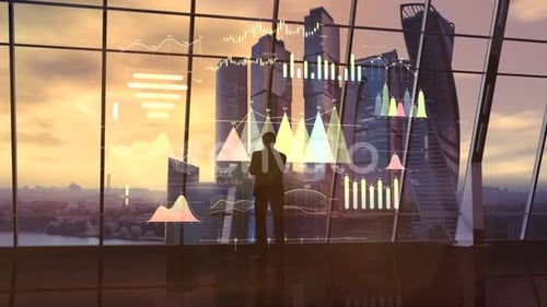 A Man At Sunset In The Office Is Considering The Infographic 4K