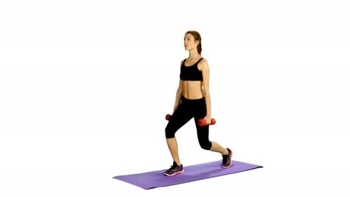 Woman Demonstrates Lunges with Weights on Yoga Mat