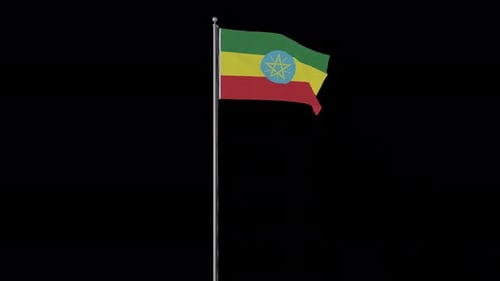 Ethiopian Flag Waving Animation on Flagpole with Alpha Channel