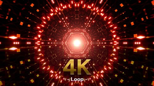 Luz circular brilhante no túnel geométrico vermelho