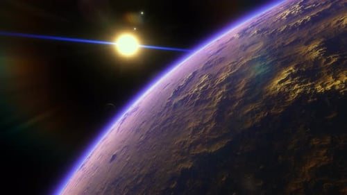 Futuristic Planet Rotating with Bright Sun and Lens Flare