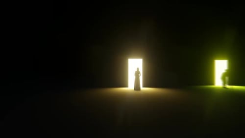 Silhouettes Approaching Glowing Doors of Choice and Opportunity