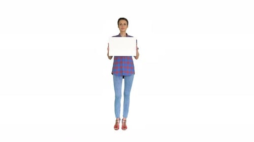 Woman Holding Blank Sign on White Background