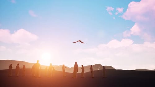 Sunset Silhouette Arabic Men with Bird of Prey on Desert Sands