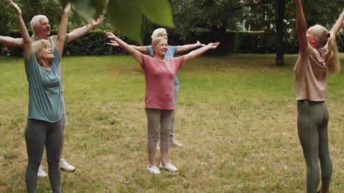 Senior People Exercising with Female Fitness Instructor in Park