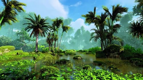 Lush Tropical Jungle River with Palm Trees, Gentle Camera Pan