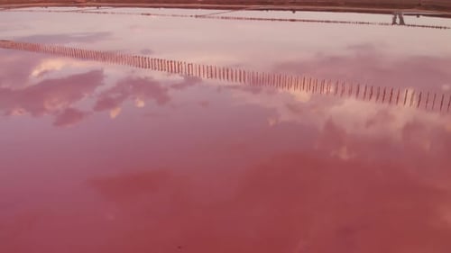 Aerial Drone View to Salt Mineral Lake with Pink Water and Coastline