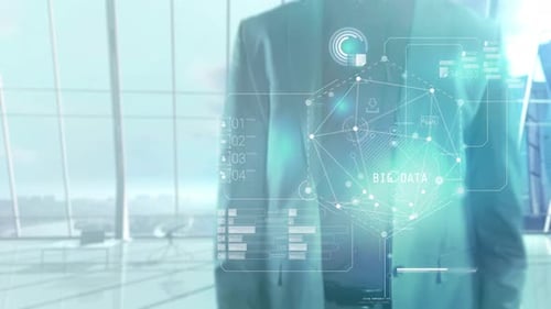 Infographies sur le thème du Big Data sur le fond d'une personne 4K