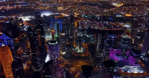 Doha at night, top view, night city lights, Qatar aerial