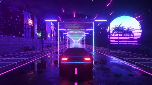 Car and City in Neon Style