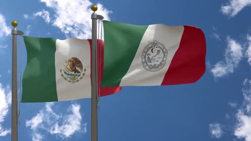 Current and Historical Mexican Flags Waving in Blue Sky