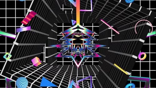 Retro Neon VJ Loop with Boombox and Abstract Geometric Elements